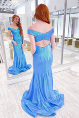 Blue Off Shoulder Sequins Mermaid Corset Prom Dress outfits, Blue Off Shoulder Sequins Mermaid Prom Dress