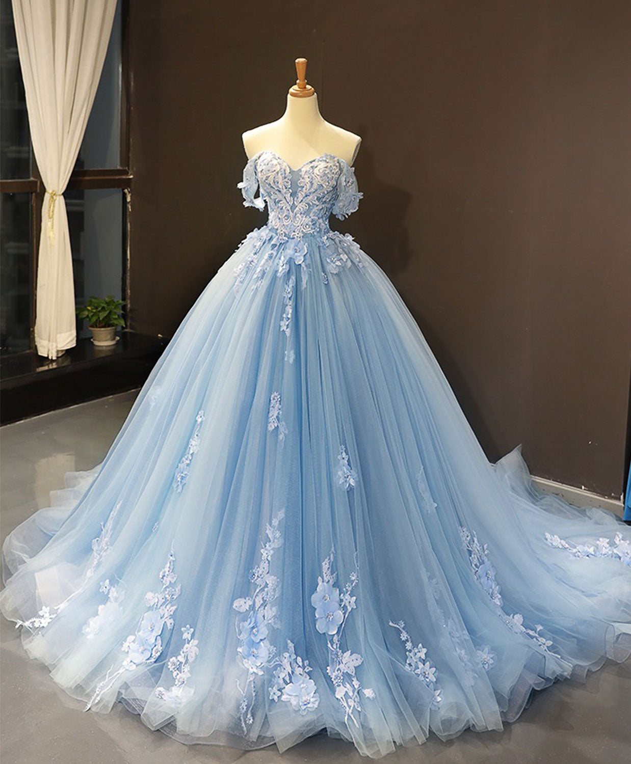 Blue Off Shoulder Tulle Lace Long Corset Prom Dress, Blue Corset Formal Corset Ball Gown Evening Dress outfit, Prom Dresses Country