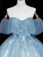 Blue Off-the-Shoulder Sequin Tulle Lace Sleeveless Lone Corset Prom Dresses,Sweet 16 Gown outfit, Homecoming Dresses Long