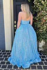 Blue One Shoulder A Line Sequins Corset Prom Dress outfits, Blue One Shoulder A Line Sequins Prom Dress