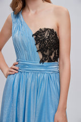 Blue One Shoulder Ruched Long Corset Prom Dresses with Applique Gowns, Light Blue Dress