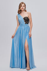 Blue One Shoulder Ruched Long Corset Prom Dresses with Applique Gowns, Ruffle Dress