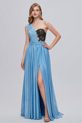 Blue One Shoulder Ruched Long Corset Prom Dresses with Applique Gowns, Long Gown