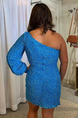 Blue One Shoulder Sequins Tight Corset Homecoming Dress outfit, Blue One Shoulder Sequins Tight Homecoming Dress