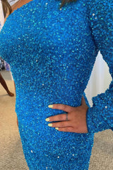 Blue One Shoulder Sequins Tight Corset Homecoming Dress outfit, Blue One Shoulder Sequins Tight Homecoming Dress