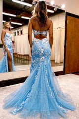 Blue Open Back Mermaid Lace Corset Prom Dress with Slit Gowns, Blue Open Back Mermaid Lace Prom Dress with Slit