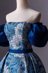Blue Printed Long A-Line Corset Prom Dress, Blue Off the Shoulder Corset Formal Evening Dress outfit, Evening Dresses Vintage