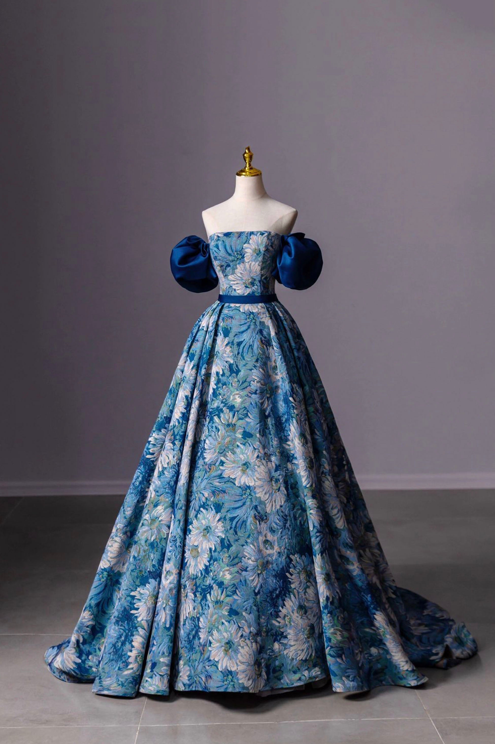 Blue Printed Long A-Line Corset Prom Dress, Blue Off the Shoulder Corset Formal Evening Dress outfit, Evenning Dresses Short