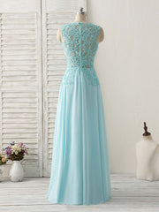 Blue Round Neck Lace Chiffon Long Corset Prom Dress, Blue Long Corset Formal Dresses outfit, Formal Dress Off The Shoulder