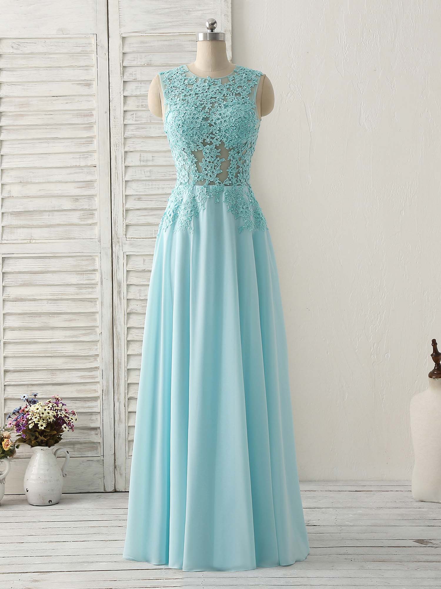 Blue Round Neck Lace Chiffon Long Corset Prom Dress, Blue Long Corset Formal Dresses outfit, Formal Dresses Long Sleeves