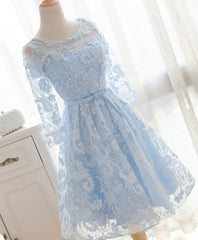 Blue Round Neck Lace Short Corset Prom Dress, Blue Corset Bridesmaid Dress, Corset Homecoming Dress outfit, Evening Dresses Long