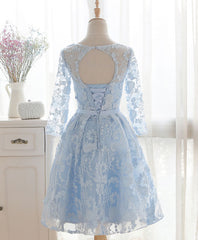 Blue Round Neck Lace Short Corset Prom Dress, Blue Corset Bridesmaid Dress, Corset Homecoming Dress outfit, Evening Dresses Online Shopping