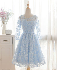 Blue Round Neck Lace Short Corset Prom Dress, Blue Corset Bridesmaid Dress, Corset Homecoming Dress outfit, Wedding Party Dress
