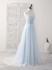 Blue Round Neck Tulle Lace Applique Long Corset Prom Dresses outfit, Midi Dress