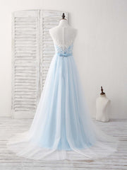Blue Round Neck Tulle Lace Applique Long Corset Prom Dresses outfit, Unique Wedding Dress