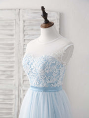Blue Round Neck Tulle Lace Applique Long Corset Prom Dresses outfit, Elegant Prom Dress