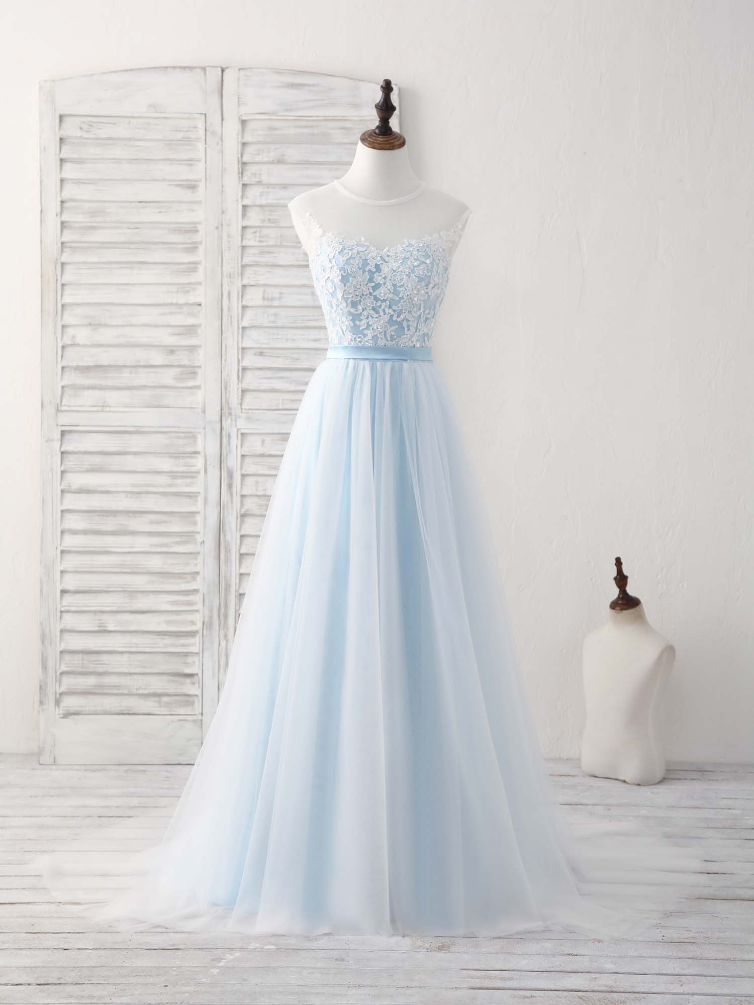 Blue Round Neck Tulle Lace Applique Long Corset Prom Dresses outfit, Simple Prom Dress