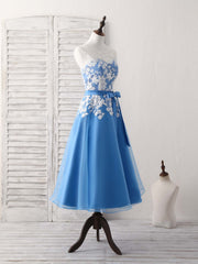 Blue Round Neck Tulle Lace Applique Tea Long Corset Prom Dress, Corset Bridesmaid Dress outfit, Party Dress Clubwear