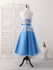 Blue Round Neck Tulle Lace Applique Tea Long Corset Prom Dress, Corset Bridesmaid Dress outfit, Party Dresses Indian