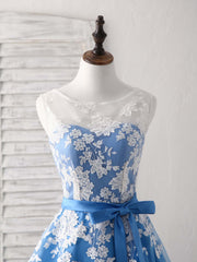 Blue Round Neck Tulle Lace Applique Tea Long Corset Prom Dress, Corset Bridesmaid Dress outfit, Party Dress Indian