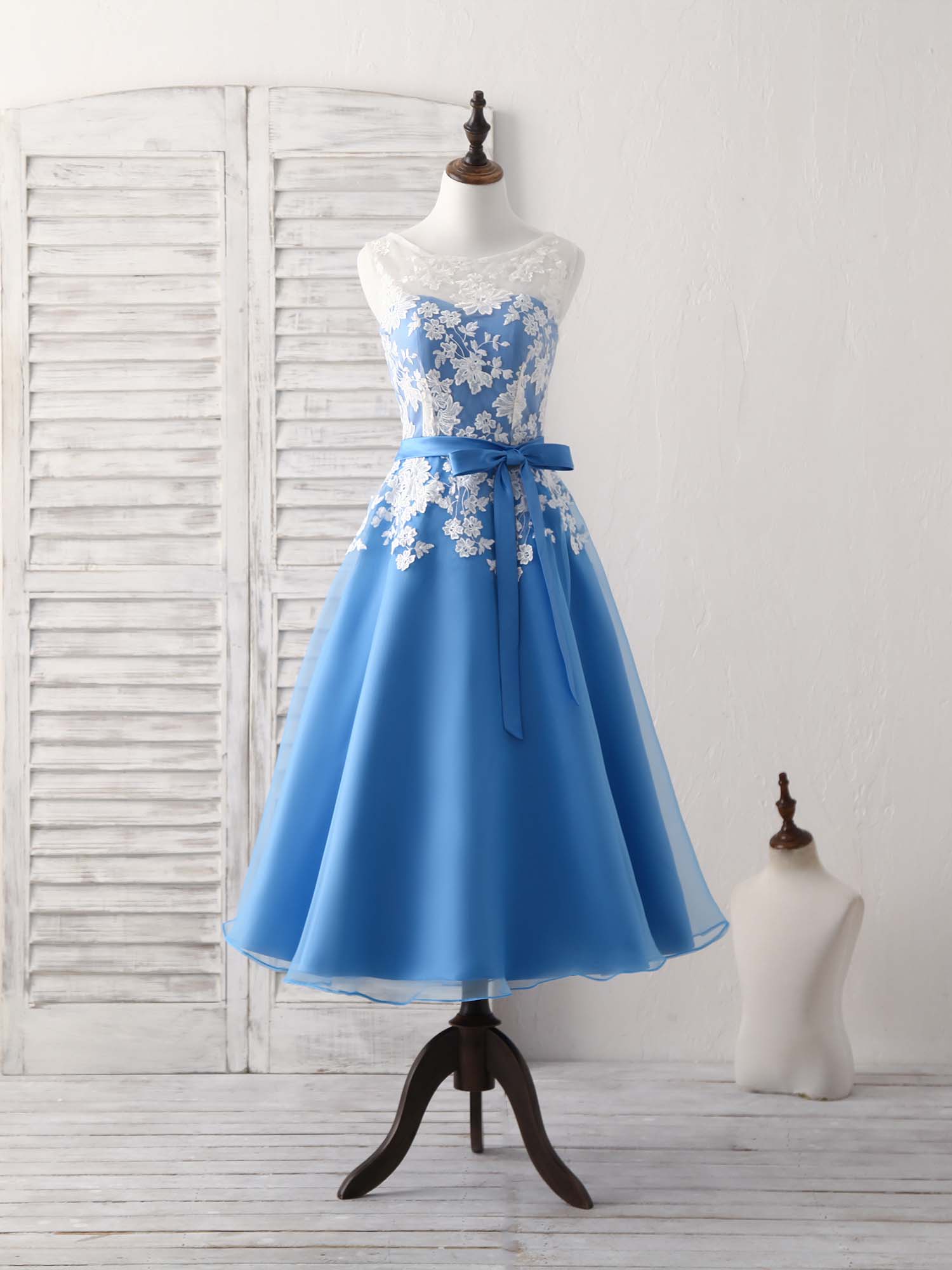 Blue Round Neck Tulle Lace Applique Tea Long Corset Prom Dress, Corset Bridesmaid Dress outfit, Party Dresses Clubwear