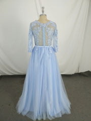 Blue Round Neck Tulle Lace Long Corset Prom Dress, Blue Tulle Lace Evening Dress outfit, Prom Dress Corset