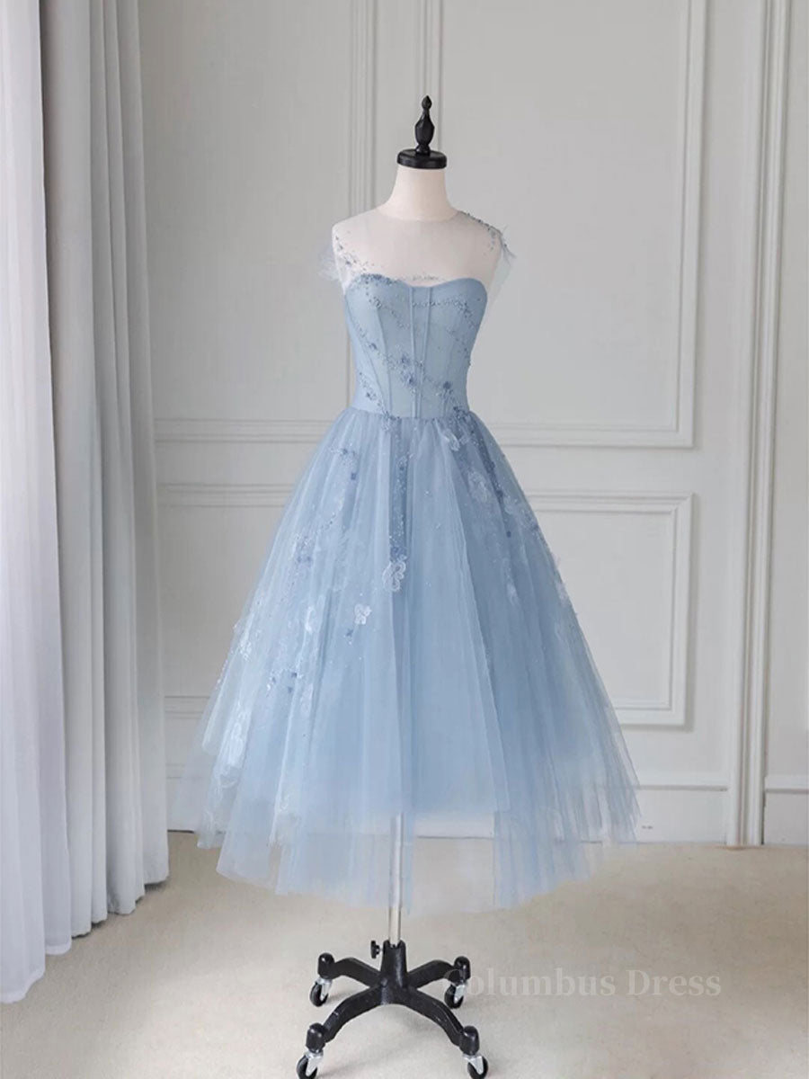 Blue round neck tulle lace short Corset Prom dress, blue Corset Homecoming dress outfit, Prom Dresses For Short Girl