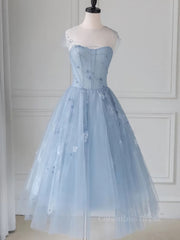 Blue round neck tulle lace short Corset Prom dress, blue Corset Homecoming dress outfit, Prom Dress For Girl