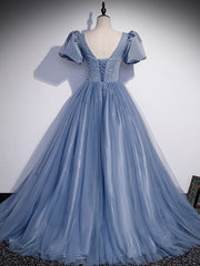 Blue Round Neck Tulle Sequin Beads Long Corset Prom Dress, Blue Evening Dress outfit, Formal Dress Attire