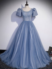 Blue Round Neck Tulle Sequin Beads Long Corset Prom Dress, Blue Evening Dress outfit, Formal Dress Elegant