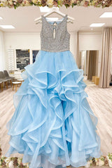 Blue round neck tulle sequin long Corset Prom dress blue tulle Corset Formal dress outfit, Homecoming Dress Floral