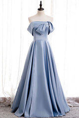 Blue Satin A-line Off-the-Shoulder Beaded Corset Prom Dresses,evening party dress Outfits, Prom Dress Dresses