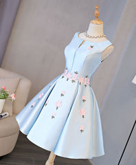 Blue Satin Applique Short Corset Prom Dress, Blue Corset Homecoming Dress outfit, Homecomming Dress Long