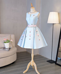 Blue Satin Applique Short Corset Prom Dress, Blue Corset Homecoming Dress outfit, Homecoming Dress 2028