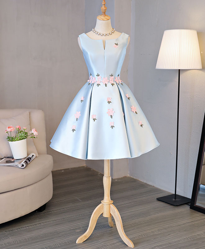 Blue Satin Applique Short Corset Prom Dress, Blue Corset Homecoming Dress outfit, Homecomming Dresses Long