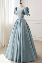 Blue Satin Beaded Long Corset Prom Dress, Blue Short Sleeve Evening Dress outfit, Bridesmaid Dress Shops