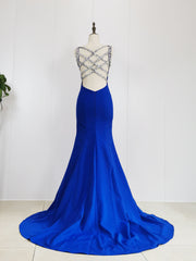 Blue Satin Beads Long Mermaid Corset Prom Dress Blue Corset Formal Dress outfit, Prom Dress Elegant