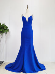 Blue Satin Beads Long Mermaid Corset Prom Dress Blue Corset Formal Dress outfit, Prom Dresses Casual