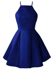 Blue Satin Halter Knee Length Corset Bridesmaid Dress, Royal Blue Corset Homecoming Dress outfit, Homecoming Dress Websites