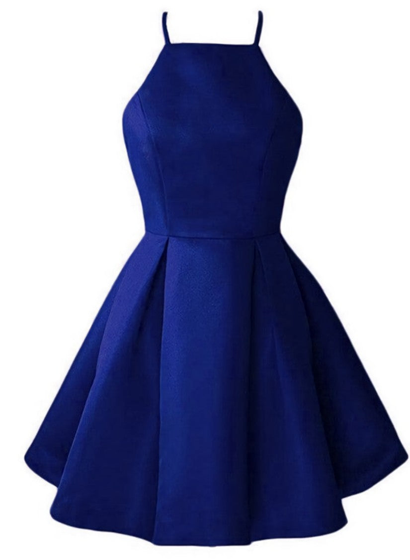 Blue Satin Halter Knee Length Corset Bridesmaid Dress, Royal Blue Corset Homecoming Dress outfit, Homecoming Dress 2029