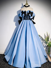 Blue satin lace long Corset Prom dress blue satin evening dress outfit, Prom Dresses Ballgown