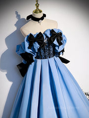 Blue satin lace long Corset Prom dress blue satin evening dress outfit, Prom Dress Ballgown