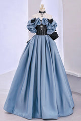 Blue Satin Lace Long Corset Prom Dress, Off Shoulder Evening Party Dress Outfits, Bridesmaid Dressing Gowns