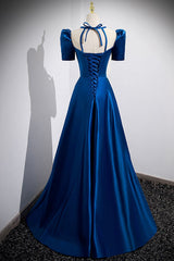 Blue Satin Long A-Line Corset Prom Dress, Simple Blue Short Sleeve Evening Dress outfit, Formal Dressing For Wedding