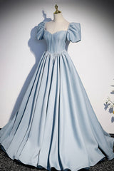 Blue Satin Long A-Line Corset Prom Dress with Pearls, Cute Short Sleeve Evening Dress outfit, Prom Dresses Laces