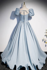 Blue Satin Long A-Line Corset Prom Dress with Pearls, Cute Short Sleeve Evening Dress outfit, Prom Dress Lace