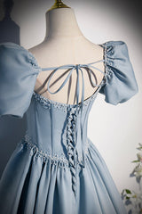 Blue Satin Long A-Line Corset Prom Dress with Pearls, Cute Short Sleeve Evening Dress outfit, Prom Dresses Long Beautiful