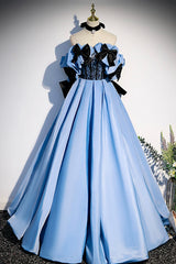 Blue Satin Long Corset Prom Dress, Off the Shoulder Corset Formal Evening Dress outfit, Formal Dresses With Tulle