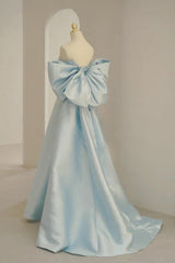 Blue Satin Long Corset Prom Dress with Big Bow, Blue A-Line Evening Party Dress Outfits, Pretty Dress