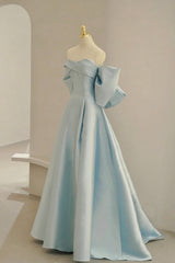 Blue Satin Long Corset Prom Dress with Big Bow, Blue A-Line Evening Party Dress Outfits, Fancy Dress